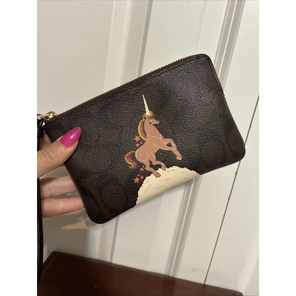 Coach Unicorn Fantasy Signature Wallet Wristlet Leather Brown